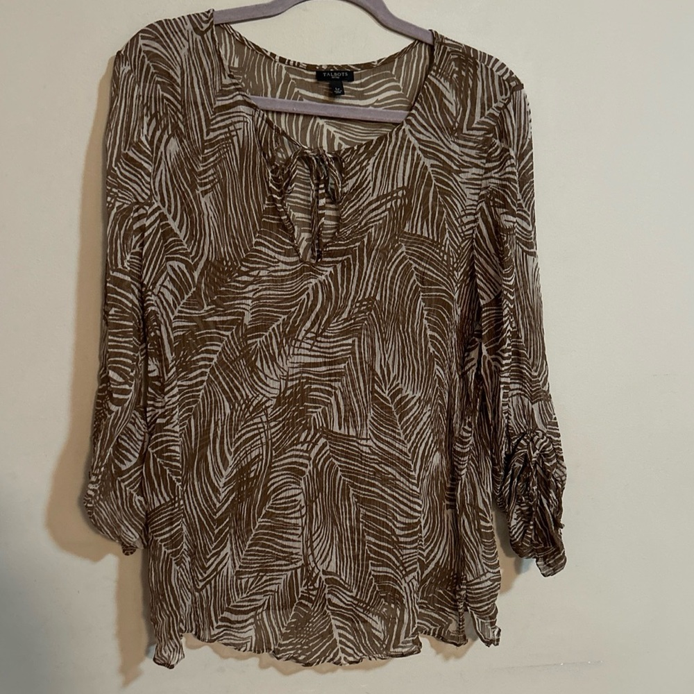 TALBOTS Women’s Sheer Silk Shell Top Long Sleeve Brown White Geo Petite Large LP